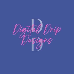 Puede incluir: Dise&ntilde;o digital con el texto "Digital Drip Designs" en rosa cursiva sobre un fondo azul. Una gran letra "D" gris claro est&aacute; detr&aacute;s del texto, con una segunda "D" debajo.