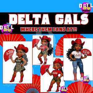 Fan Art Delta Sigma Theta sororité | Delta Gals avec éventails rouges | DST Cowgirl Chibi Clipart | Black Sorority Téléchargement numérique