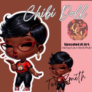 Puede incluir: Una ilustración digital de una muñeca chibi con cabello negro, gafas rojas y una camisa roja. La muñeca está dando un beso y tiene un fondo blanco y negro.