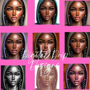 Puede incluir: Un collage de retratos de arte digital de una mujer de piel oscura, con una sudadera con capucha. Los retratos presentan sudaderas con capucha y colores de ojos diferentes. El texto "Digital Drip Designs" est&aacute; superpuesto en la imagen.