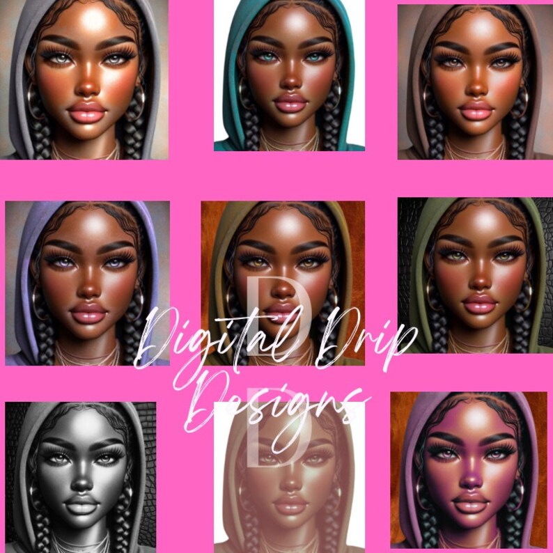 Puede incluir: Un collage de retratos de arte digital de una mujer de piel oscura, con una sudadera con capucha. Los retratos presentan sudaderas con capucha y colores de ojos diferentes. El texto "Digital Drip Designs" est&aacute; superpuesto en la imagen.
