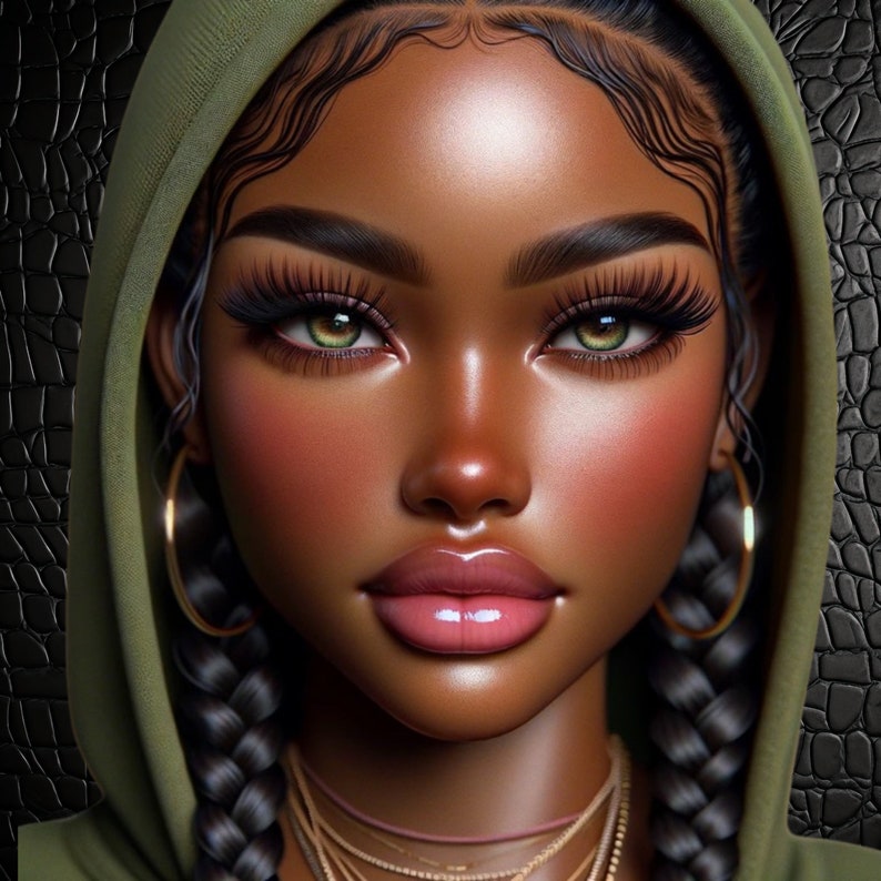 Puede incluir: Ilustraci&oacute;n digital de una mujer con piel oscura, ojos verdes y labios carnosos. Lleva una sudadera con capucha verde, pendientes de aro dorados y varios collares dorados. Su cabello est&aacute; trenzado. El fondo es negro texturizado.