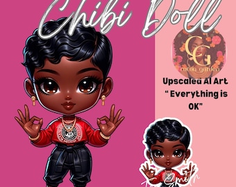 Bambola Chibi con taglio di folletto rosso PNG / Clipart afroamericana (download digitale)