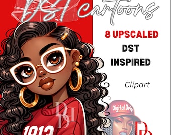 8 PNG Upscaled Images DELTA Sigma Theta cartoon like African American Chibi representatives.
