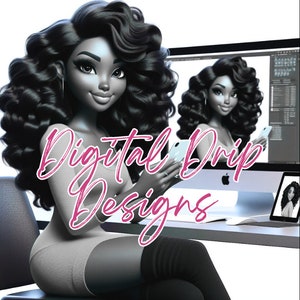 Puede incluir: Ilustraci&oacute;n digital de una mujer con cabello largo y rizado oscuro, sosteniendo un tel&eacute;fono inteligente. La imagen incluye el texto "Digital Drip Designs" en cursiva rosa. Un monitor de computadora y una tableta muestran im&aacute;genes similares.