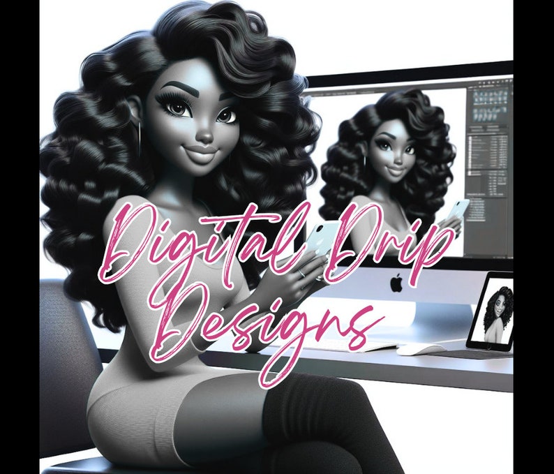 Puede incluir: Ilustraci&oacute;n digital de una mujer con cabello largo y rizado oscuro, sosteniendo un tel&eacute;fono inteligente. La imagen incluye el texto "Digital Drip Designs" en cursiva rosa. Un monitor de computadora y una tableta muestran im&aacute;genes similares.