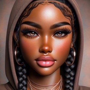 Puede incluir: Retrato digital de una mujer con piel morena, con una sudadera con capucha marr&oacute;n. Tiene pesta&ntilde;as largas, pendientes de aro y varios collares. Su cabello est&aacute; peinado con trenzas. La imagen tiene una est&eacute;tica suave y aerografiada.