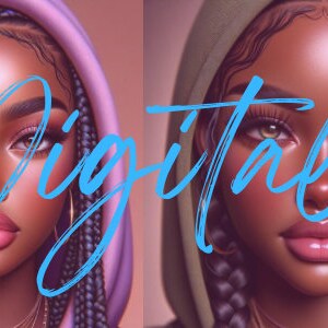 Puede incluir: Banner de arte digital con cuatro retratos de mujeres negras. La primera imagen muestra a dos mujeres con vestidos naranjas sosteniendo tel&eacute;fonos. Las otras im&aacute;genes son primeros planos de mujeres con diferentes peinados, usando sudaderas con capucha. El texto "Digital Drip" est&aacute; superpuesto.