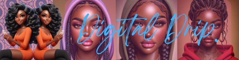 Puede incluir: Banner de arte digital con cuatro retratos de mujeres negras. La primera imagen muestra a dos mujeres con vestidos naranjas sosteniendo tel&eacute;fonos. Las otras im&aacute;genes son primeros planos de mujeres con diferentes peinados, usando sudaderas con capucha. El texto "Digital Drip" est&aacute; superpuesto.