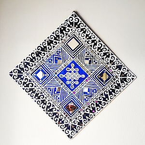 Ethnic Kolam White Cement Textured Acrylic Painting with Mirror Work on Canvas - Wall hanging