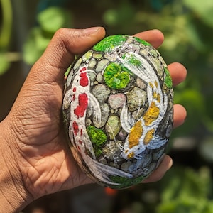 Koi Fish Pond Stone Painting: Symbolic Art for Serene Spaces ; acrylic painting on Rock Pebble