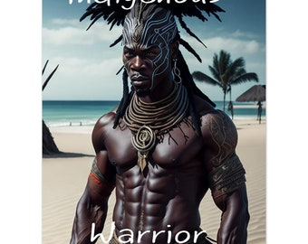 Puede incluir: Un hombre musculoso, sin camisa, con rastas y marcas tribales en la cara y el cuerpo. Lleva un collar de cuentas y un brazalete en la muñeca. El fondo es una playa con palmeras y cielo azul. El texto "Indigenous Warrior" está escrito en letras blancas en la parte superior e inferior de la imagen.