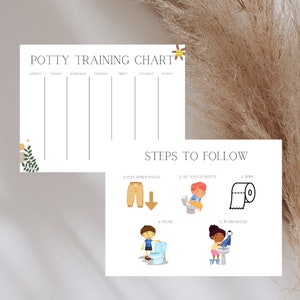 May include: A printable potty training chart with a cartoon sun and the days of the week. The chart includes a section with steps to follow for potty training, illustrated with cartoon children.