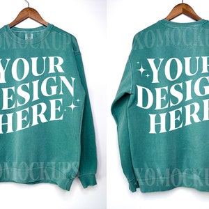Light Green Comfort Colors Sweatshirt Mockup Bundle Front and Back Comfort Colors 1566 Mock Up C1566 Crewneck Sweatshirt On Hanger