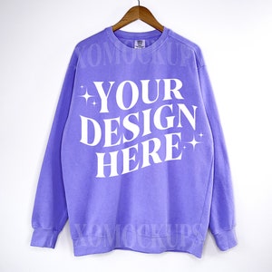 Violet Comfort Colors Sweatshirt Mockup Front Comfort Colors 1566 Mock Up C1566 Crewneck Sweatshirt On Hanger