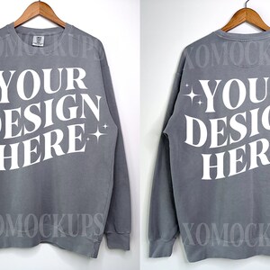 Grey Comfort Colors Sweatshirt Mockup Bundle Front and Back Comfort Colors 1566 Mock Up C1566 Crewneck Sweatshirt On Hanger