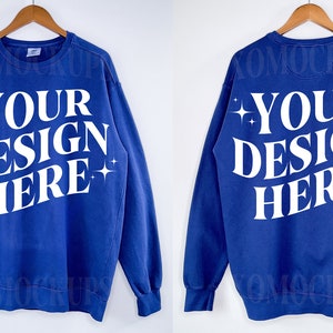 True Navy Comfort Colors Sweatshirt Mockup Bundle Front and Back Comfort Colors 1566 Mock Up C1566 Crewneck Sweatshirt On Hanger