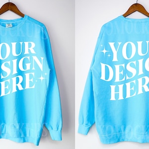 Comfort Colors 1566 Lagoon Blue Mockup Front and Back C1566 Crewneck Sweatshirt Mockup Bundle Trendy Minimalist Aesthetic Mockup On Hanger