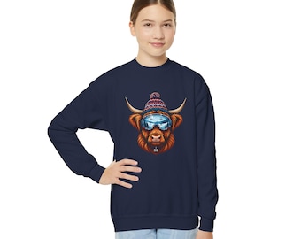 Highland Cow with Beanie and Ski Goggles Youth Sweatshirt | Winter Animal Graphic