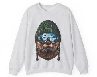 Otter Ski Crewneck Sweatshirt, Mountain Goggles, Winter Wildlife Pullover