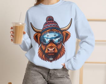Highland Cow Ski Crewneck, Yak Beanie Goggles, Alpine Lodge Sweatshirt