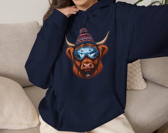 Highland Cow Ski Hoodie, Yak Goggles, Alpine Winter Pullover