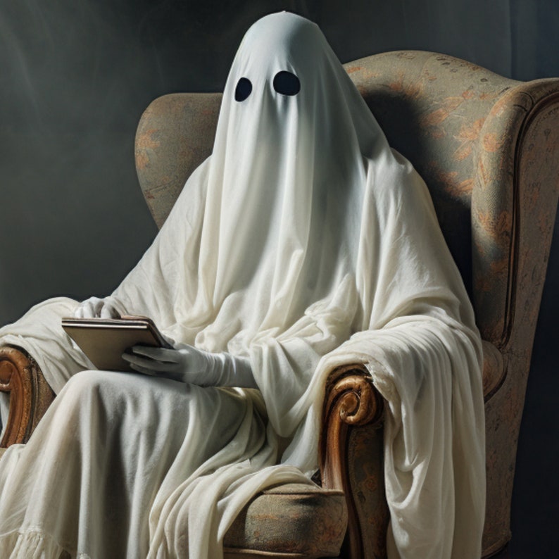 May include: A white ghost figure sitting in a brown armchair, holding a tablet in their hands.