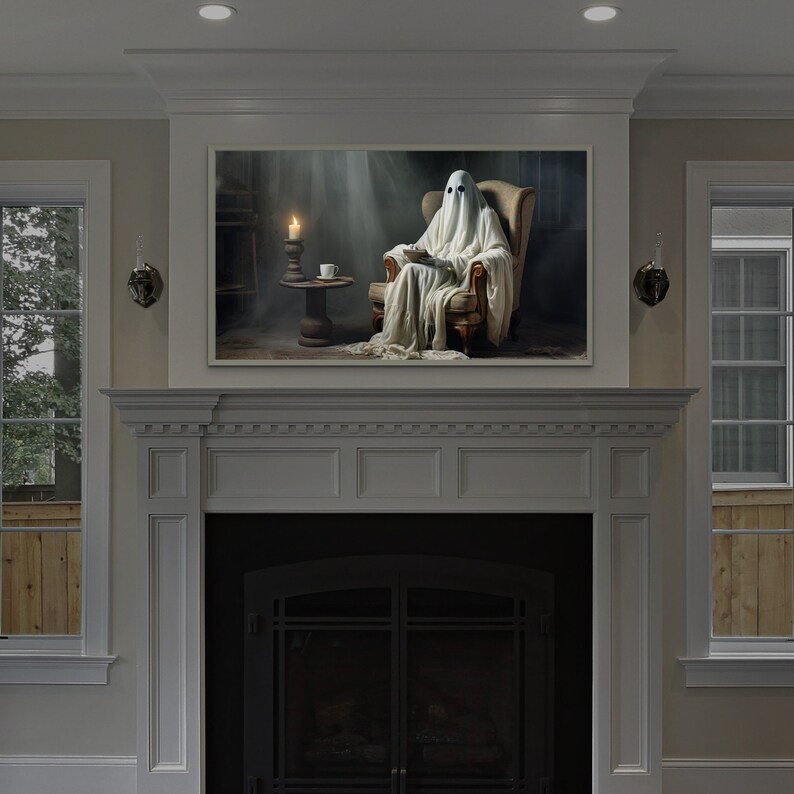 May include: A white ghost figure sits in a chair reading a book in a dimly lit room. The ghost is wearing a white robe and has a white face. The room is decorated with a fireplace and a candle on a table.