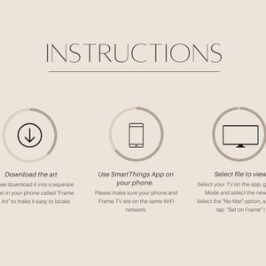 May include: Instructions for downloading and displaying art on a Samsung Frame TV using the SmartThings app. The steps are illustrated with icons of a download arrow, a smartphone, and a television.