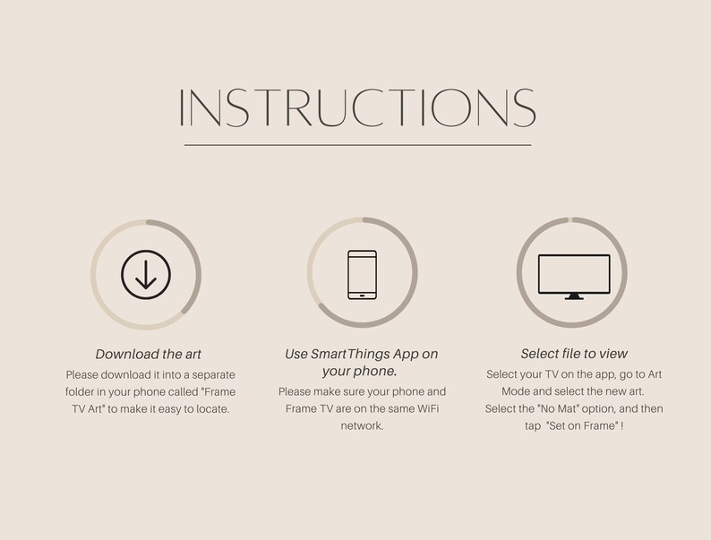 May include: Instructions for downloading and displaying art on a Samsung Frame TV using the SmartThings app. The steps are illustrated with icons of a download arrow, a smartphone, and a television.