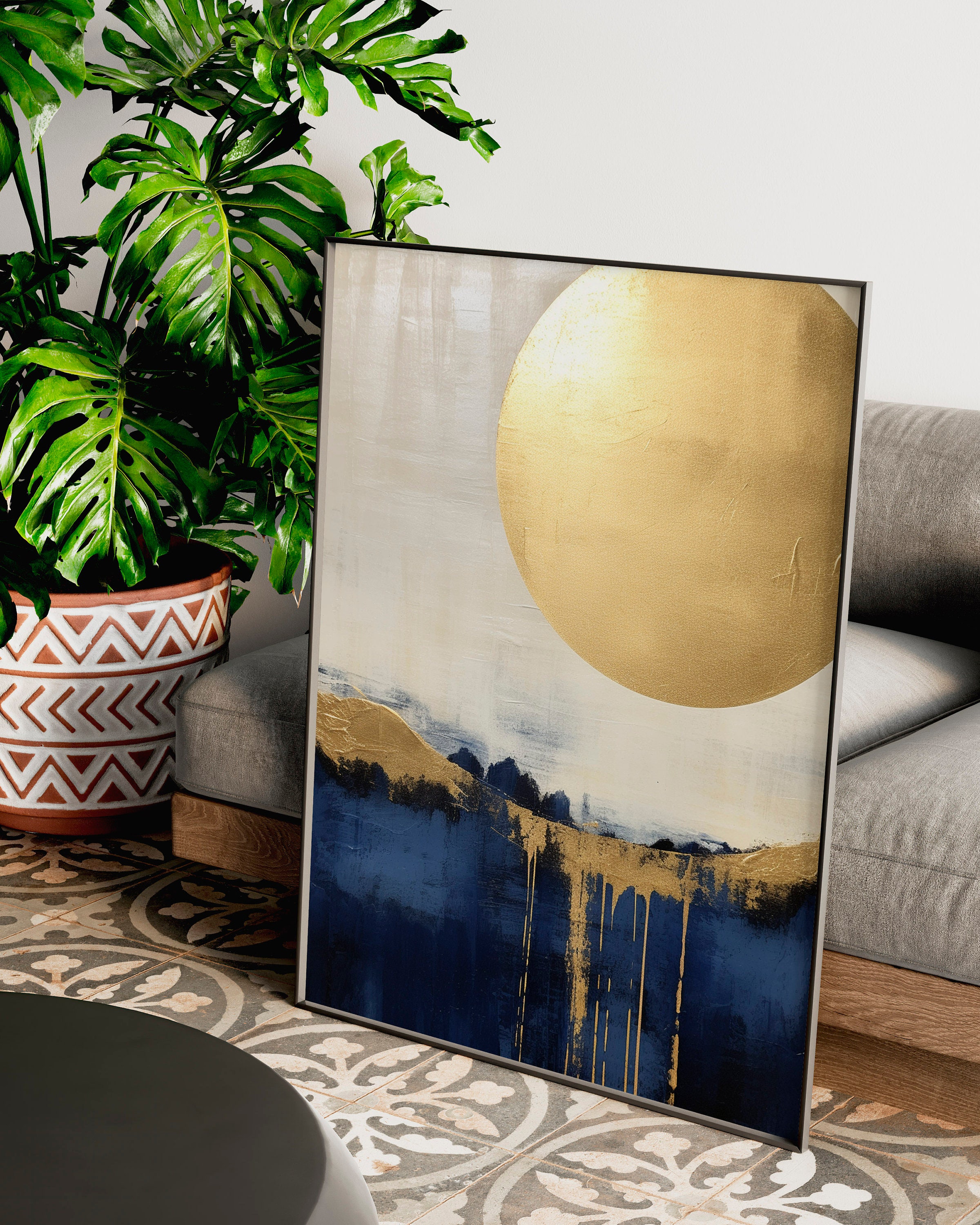 Blue and Gold Abstract Wall Art Print Minimalist Style Modern Design ...