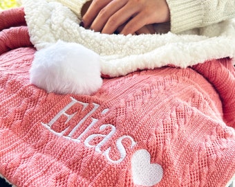 Personalized  Baby Cable Knit Blanket,Name Embroidered Pom Pom,Pom Pom Feature and Sherpa Fleece Backing,Soft Blanket With Fur Pom Pom