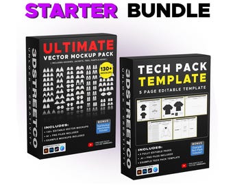 May include: A Starter Bundle featuring two black rectangular boxes. The left box is labelled Ultimate Vector Mockup Pack with 130+ icons. The right box is labelled Tech Pack Template with a 5 page editable template. Both boxes feature 3DSTREETCO branding.
