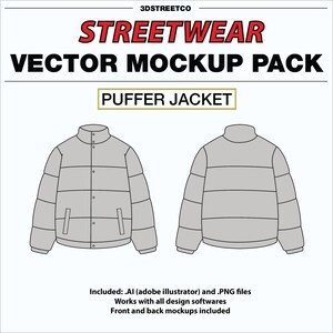 Streetwear Puffer Jacket Vector Mockup: Clothing Brand Template (.AI & .PNG)
