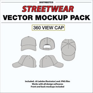 May include: A 360-degree view of a gray baseball cap mockup. The cap is shown from the front, back, side, and top. The mockup is perfect for showcasing your designs.