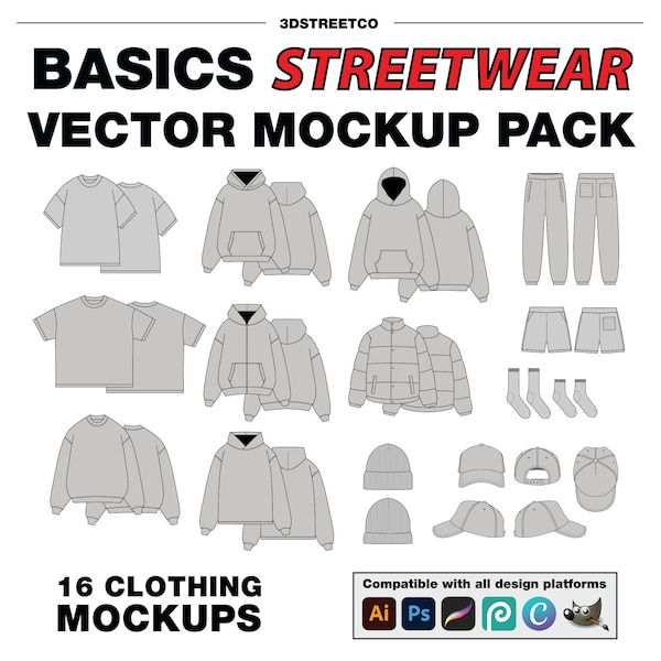 Basics Streetwear Vector Mockup-Pack Template - 16 FULLY Editable Vector Mockups, Adobe Programs Compatible, PNG Files Included