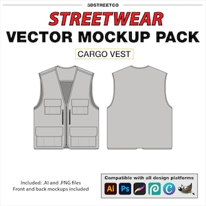 May include: A gray cargo vest mockup with multiple pockets. The vest is shown from the front and back. The text "CARGO VEST" is displayed above the vest.