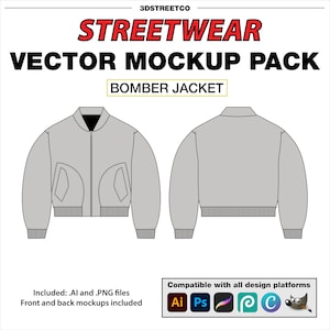 Streetwear BOMBERJACK Vector Mockup Pack: perfect voor kledingmerken en modeontwerpers in Adobe Illustrator, Photoshop en Procreate