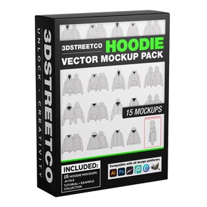 May include: A black box featuring a white and grey hoodie mockup pack. The box displays the text "3DSTREETCO HOODIE VECTOR MOCKUP PACK" and "15 MOCKUPS". The box also includes the text "INCLUDED: 15 HOODIE MOCKUPS AI FILE TUTORIAL EXAMPLE COLLECTION" and "Compatible with all design platforms" with icons for Adobe Illustrator, Photoshop, and Sketch.