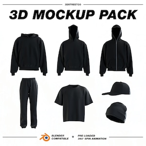 3D 360 ストリートウェア モックアップ パック、完全カスタム、Blender リアル モックアップ パック、(パーカー、フード付きパーカー、フルジップ、ジョガー、T シャツ、帽子、ビーニー)