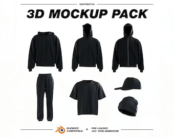 3D 360 Streetwear Mockup Pack, FULLY Custom, Blender Realistic Mockup Pack, (Hoodie, Hooded Hoodie, Full-Zip, Joggers, T-Shirt, Hat, Beanie)