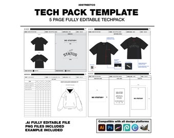 Modèle de pack technique streetwear - Pack technique de 5 pages ENTIÈREMENT MODIFIABLE (exemple complet de pack technique inclus), compatible avec les programmes Adobe