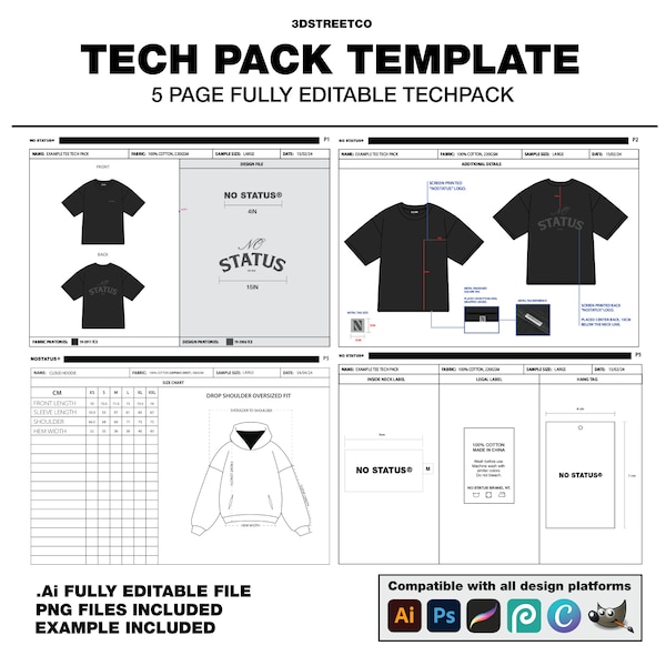 Streetwear Tech Pack Vorlage - 5-seitiges vollständig editierbares Tech-Pack (vollständiges Beispiel Tech-Pack enthalten), Adobe-Programme kompatibel