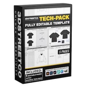 Può includere: Un modello di tech pack in bianco e nero per la progettazione di abbigliamento. Il modello include cinque pagine modificabili, un file AI e un esempio di tech pack. Il modello è compatibile con Adobe Illustrator, Photoshop e altre piattaforme di progettazione.