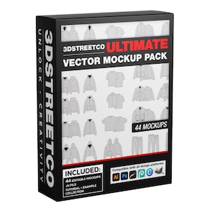 Ultimate Vector Streetwear/Clothing Mockup Pack-sjabloon: 44 VOLLEDIG bewerkbare vectormockups, compatibel met Adobe-programma&#39;s, Procreate