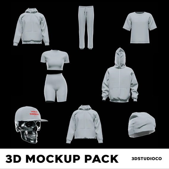 3D 360 Streetwear Mockup Pack - T-Shirt, Zip Up Hoodie, Hoodie, Joggers, Beanie, Baseball Hat (with Skull), Cropped Hoodie