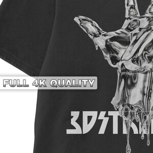 May include: Black t-shirt with a silver metallic hand graphic and the text "3D STRE" printed on the front.