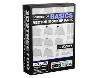 May include: A black box with a white and grey design. The box contains 16 vector mockups for clothing, including t-shirts, hoodies, sweatshirts, trousers, and hats. The text on the box reads "3DSTREETCO BASICS VECTOR MOCKUP PACK" and "16 MOCKUPS".