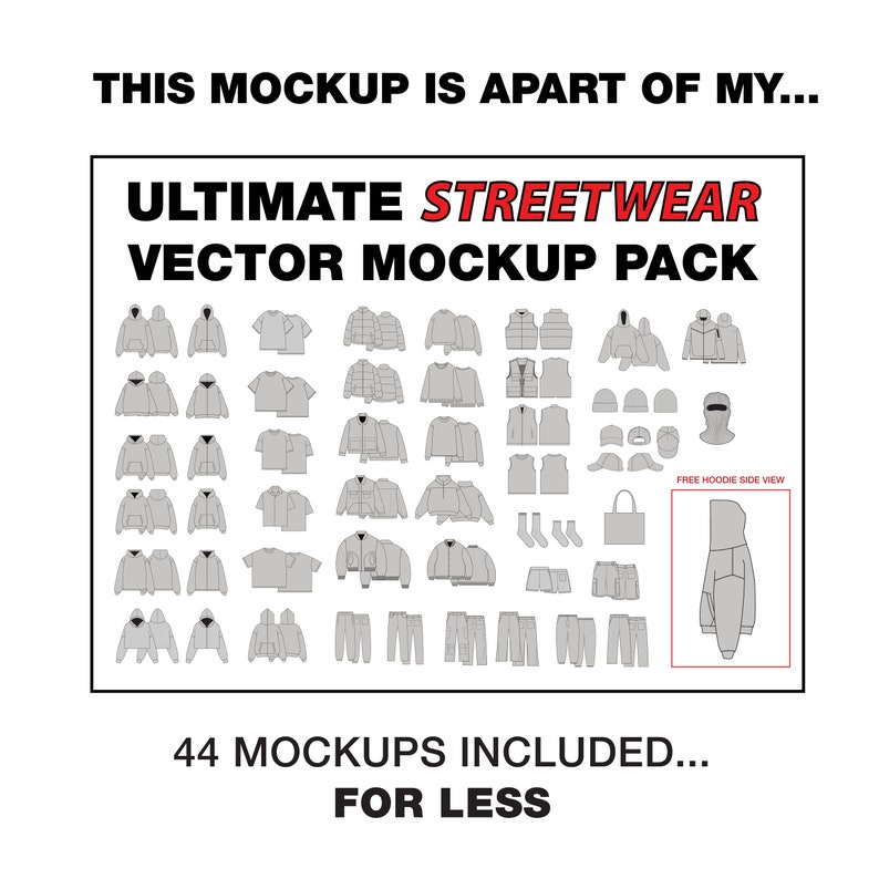 Puede incluir: Un conjunto de 44 maquetas vectoriales para ropa streetwear, que incluyen sudaderas con capucha, camisetas, chaquetas, pantalones y accesorios. Las maquetas est&aacute;n en un estilo simple y plano y son perfectas para mostrar tus dise&ntilde;os.