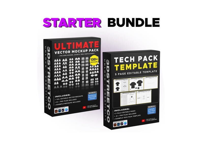 Starter Vector Clothing Design Bundle: 130+ Garment Mockups + Tech Pack (AI Files)
